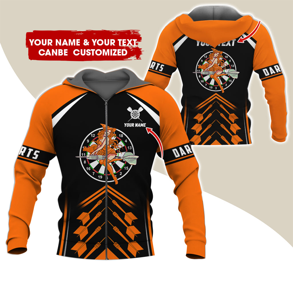 Customized Name & Text Witch Darts Premium Zip Hoodie, Personalized Name Dartboard Zip Hoodie For Men & Women - Gift For Darts Lovers, Darts Players
