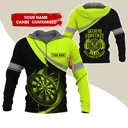 Personalized Name Darts Premium Zip Hoodie, Custom Name Weekend Forecast Darts Zip Hoodie For Men & Women - Gift For Darts Lovers, Darts Players