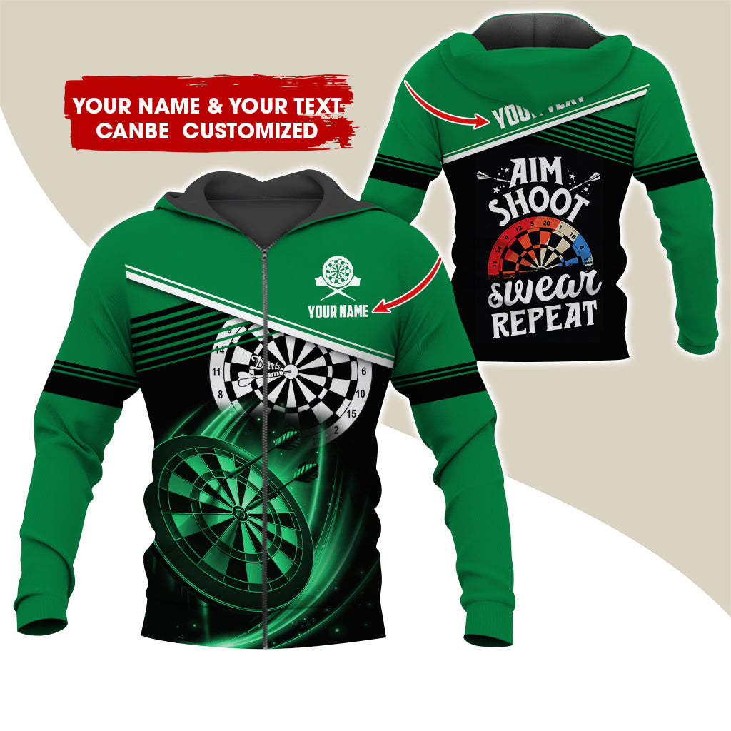 Customized Name & Text Darts Premium Zip Hoodie, Personalized Aim Shoot Sweat Repeat Zip Hoodie For Men & Women - Gift For Darts Lovers, Darts Players