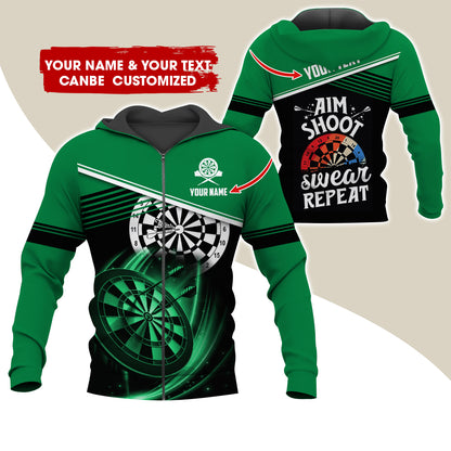 Customized Name & Text Darts Premium Zip Hoodie, Personalized Aim Shoot Sweat Repeat Zip Hoodie For Men & Women - Gift For Darts Lovers, Darts Players