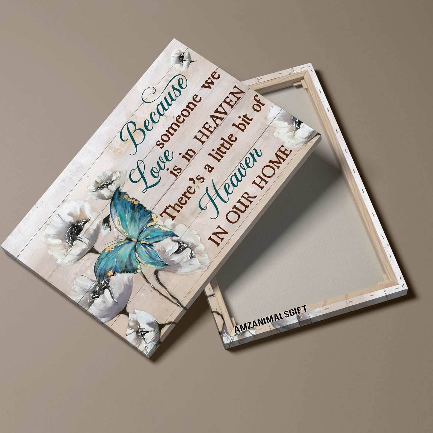 Memorial Premium Wrapped Landscape Canvas - White Poppy, Blue Butterfly, There's A Little Bit Of Heaven In Our Home - Heaven Gift For Members Family