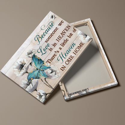 Memorial Premium Wrapped Landscape Canvas - White Poppy, Blue Butterfly, There's A Little Bit Of Heaven In Our Home - Heaven Gift For Members Family