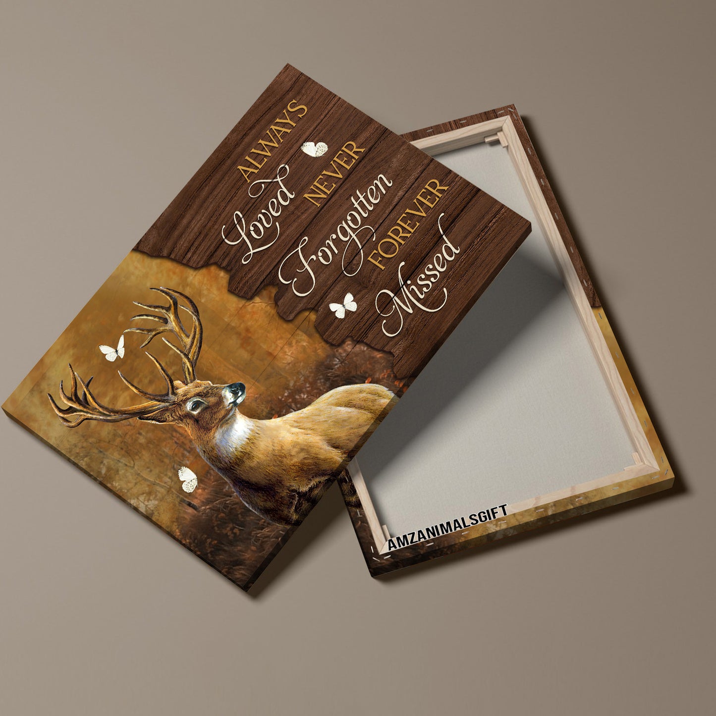 Memorial Premium Wrapped Landscape Canvas - Big Deer, Butterfly, Dark Forest, Always Loved Never Forgotten Forever Missed - Gift For Members Family