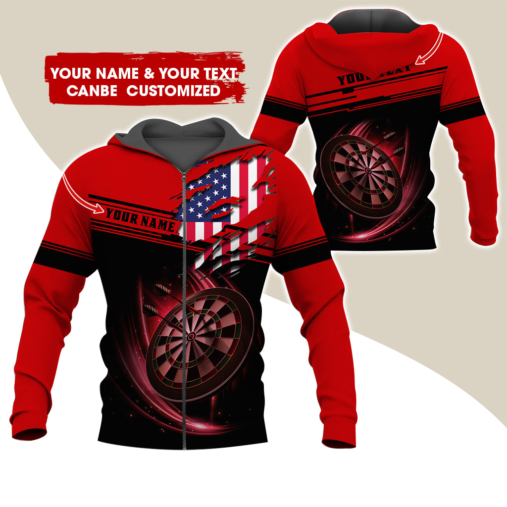 Custom Name & Text Darts Premium Zip Hoodie, Customized Name American Flag Darts Zip Hoodie For Men & Women - Gift For Darts Lovers, Darts Players