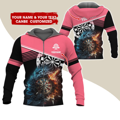 Personalized Name & Text Darts Premium Zip Hoodie, Customized Name Cloudy Fire Darts Zip Hoodie For Men & Women - Gift For Darts Lovers, Darts Players