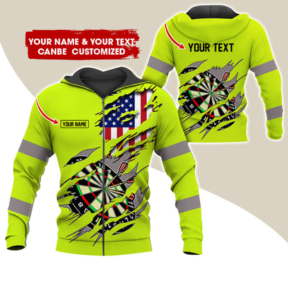 Customized Name & Text American Flag Darts Premium Zip Hoodie, Personalized Dartboard Zip Hoodie For Men & Women - Gift For Darts Lovers, Darts Players