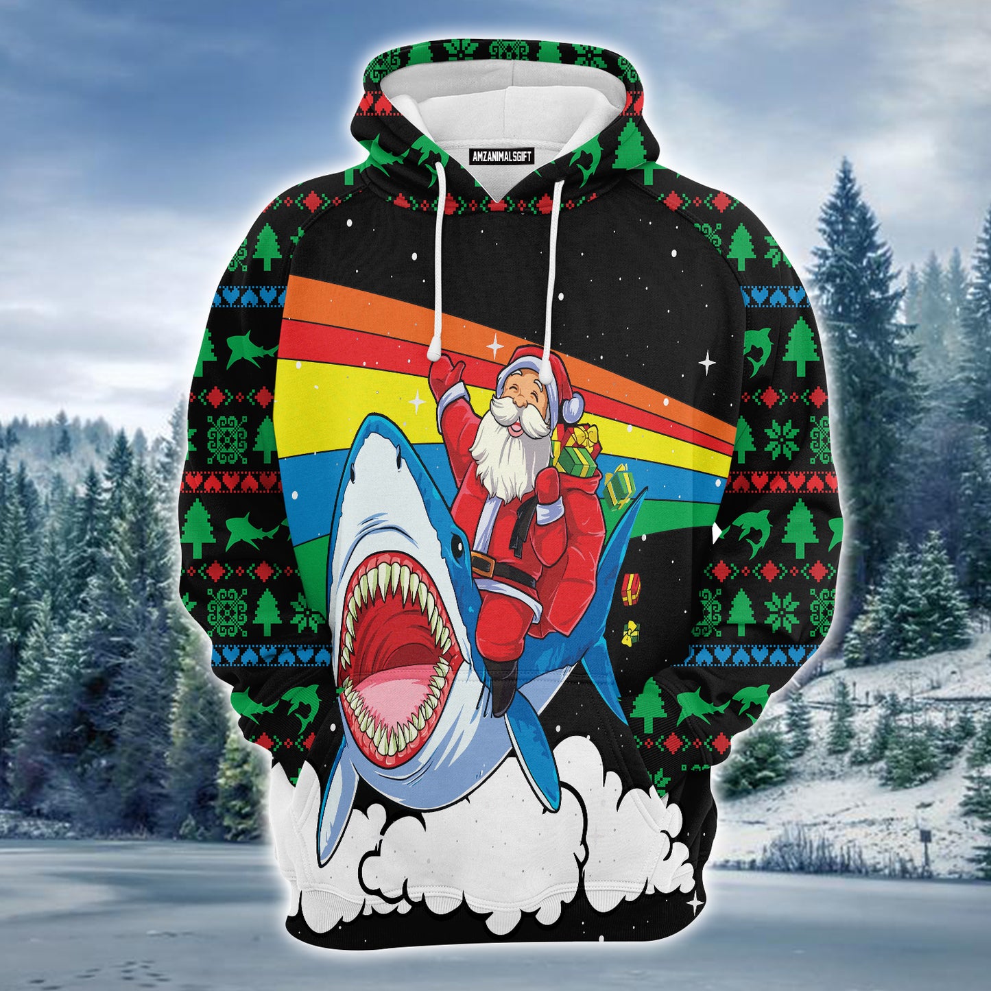 Santa Claus Riding Shark Premium Christmas Hoodie, Funny Christmas Unisex Hoodie For Men & Women - Perfect Gift For Christmas, Friends, Family