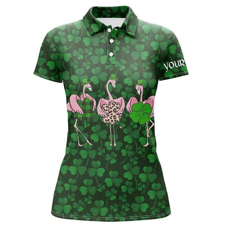 Customized Name Golf Women Polo Shirts - Flamingo Personalized Green Clover St Patrick Day Background - Perfect Gift For Ladies, Golfers, Golf Lovers