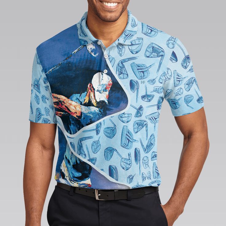 Men Golf Polo Shirt - Golf Swing Abstract With Golf Club Header Pattern Golf Polo Shirt, Sky Blue Golf Shirt For Men, Golfers