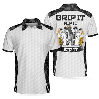 Men Golf Polo Shirt - Golf Ball Pattern Skull, Grip It Rip It Sip It Golf White Shirt For Christmas Men Polo Shirt - Perfect Polo Shirt For Men, Golfers