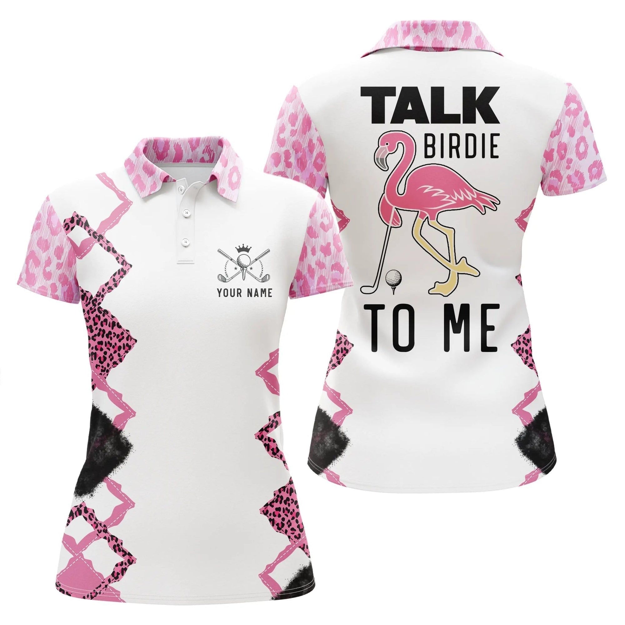 Customized Name Golf Women Polo Shirts, Pink Leopard Personalized Talk Birdie To Me Flamingo Shirts - Perfect Gift For Ladies Golf Lovers, Golfers