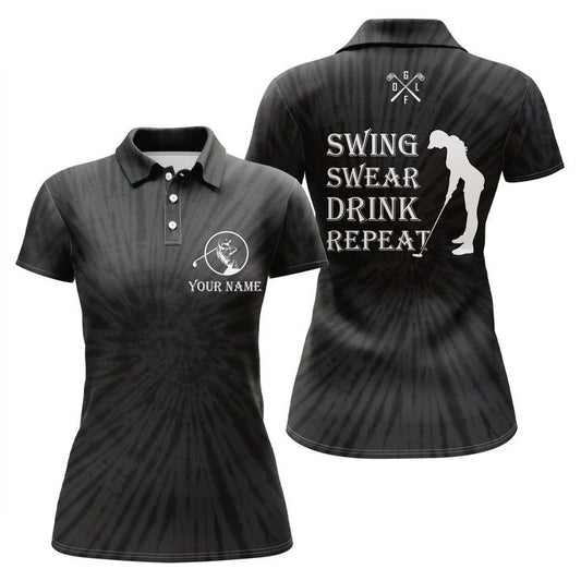 Customized Name Golf Women Polo Shirts, Personalized Swing Swear Drink Repeat Black Tie Dye Pattern Polo Shirt - Perfect Gift For Golfers, Golf Lovers