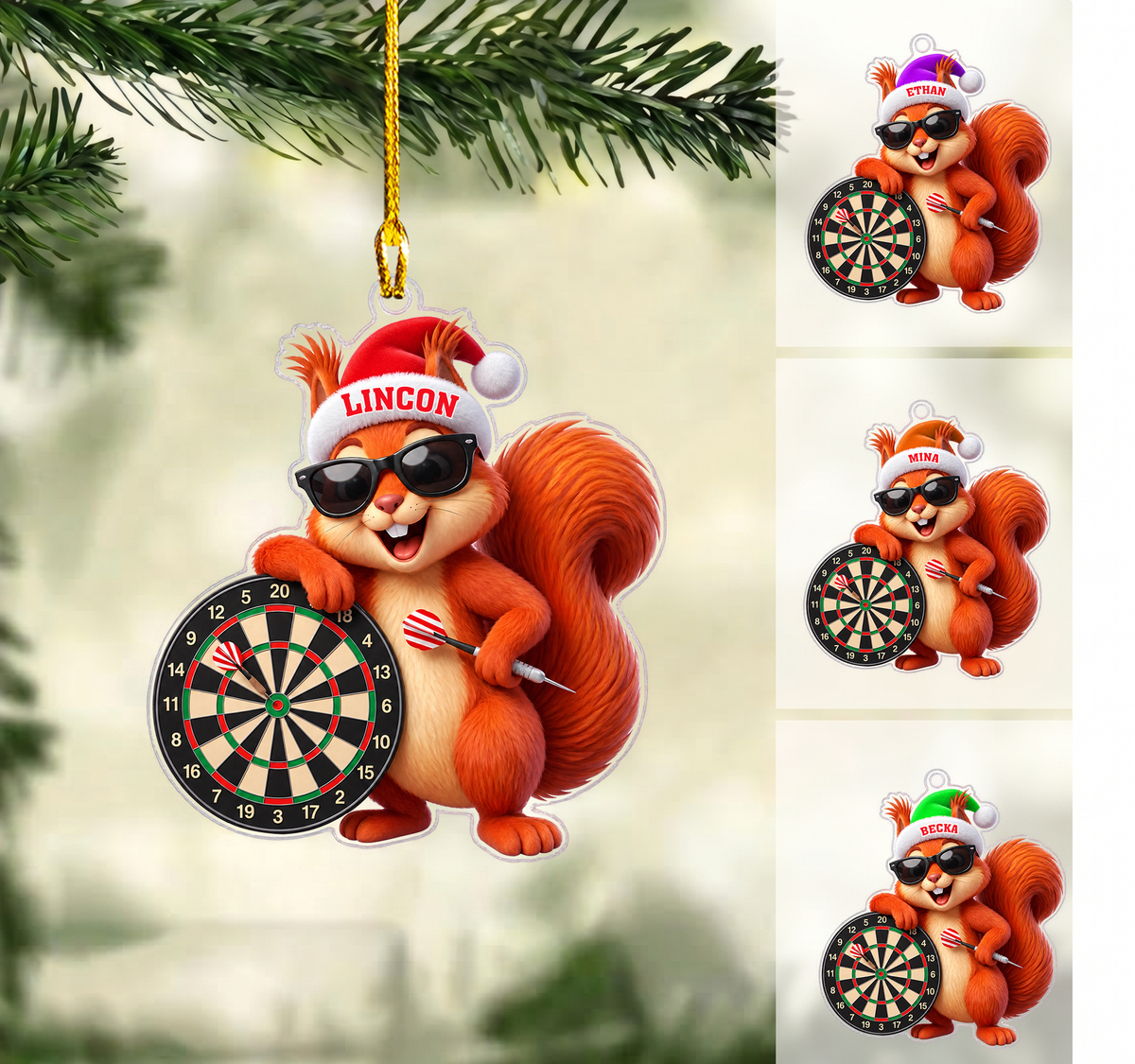 Personalized Darts Christmas Ornament, Cool Squirrel With Sunglasses And Dartboard, Custom Ornament Christmas Gift, Keychain Darts, Car Ornament Darts
