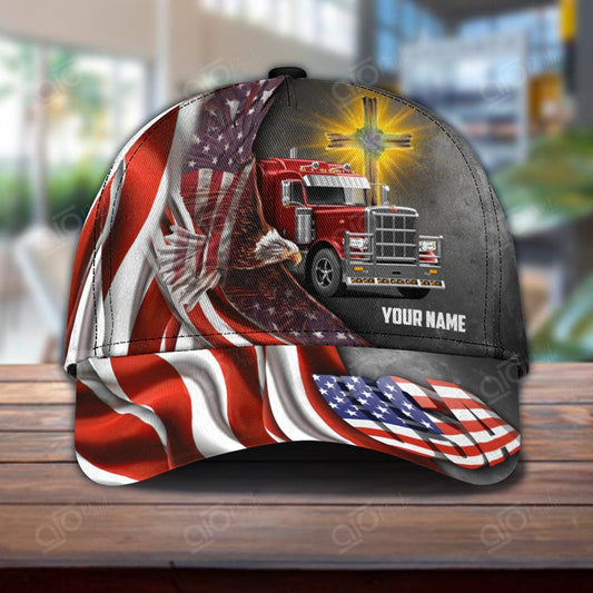 Customized American Trucker Baseball Cap, Red Truck Patriotic American Flag Pattern Hat, Best Hat For Trucker July 4th