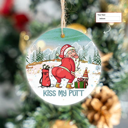 Custom Name Santa Claus Plays Golf Circle Ceramic Ornament, Christmas Golf Ceramic Ornament - Best Gift For Golf Lovers, Christmas
