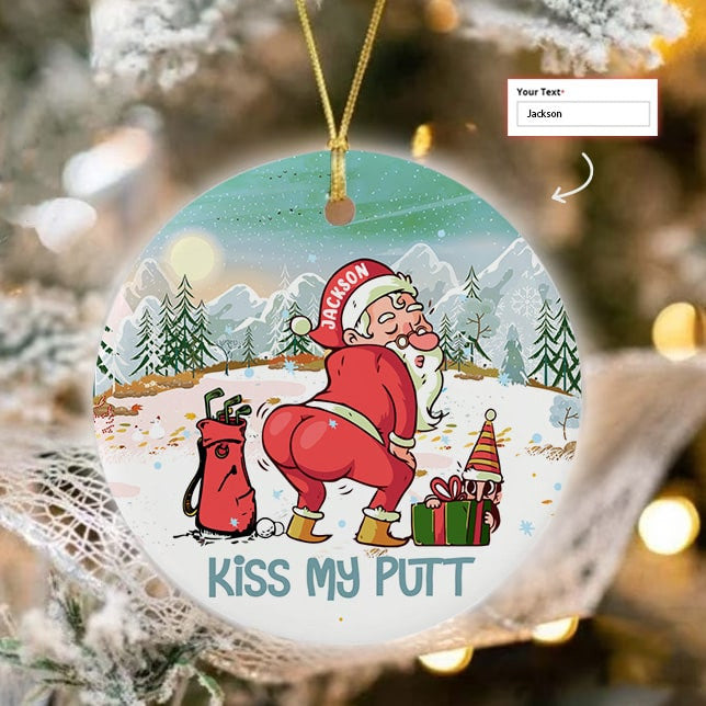 Custom Name Santa Claus Plays Golf Circle Ceramic Ornament, Christmas Golf Ceramic Ornament - Best Gift For Golf Lovers, Christmas