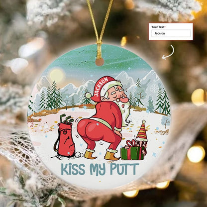 Custom Name Santa Claus Plays Golf Circle Ceramic Ornament, Christmas Golf Ceramic Ornament - Best Gift For Golf Lovers, Christmas