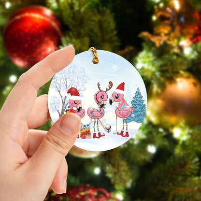 Golf Flamingo Circle Ceramic Ornament, Christmas Golf Ceramic Ornament - Best Gift For Golf Lovers, Christmas