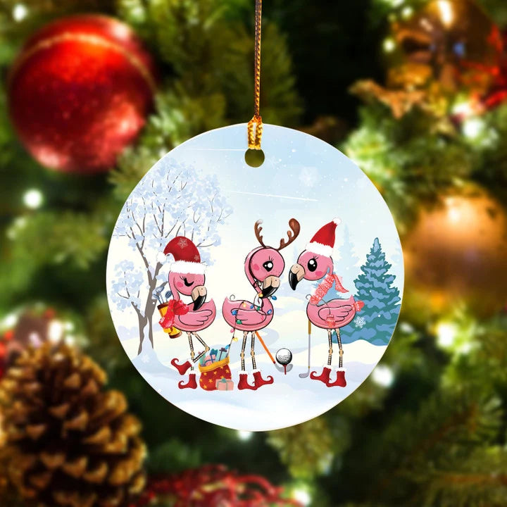 Golf Flamingo Circle Ceramic Ornament, Christmas Golf Ceramic Ornament - Best Gift For Golf Lovers, Christmas