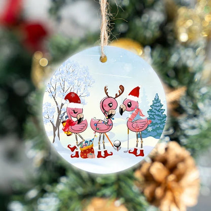 Golf Flamingo Circle Ceramic Ornament, Christmas Golf Ceramic Ornament - Best Gift For Golf Lovers, Christmas