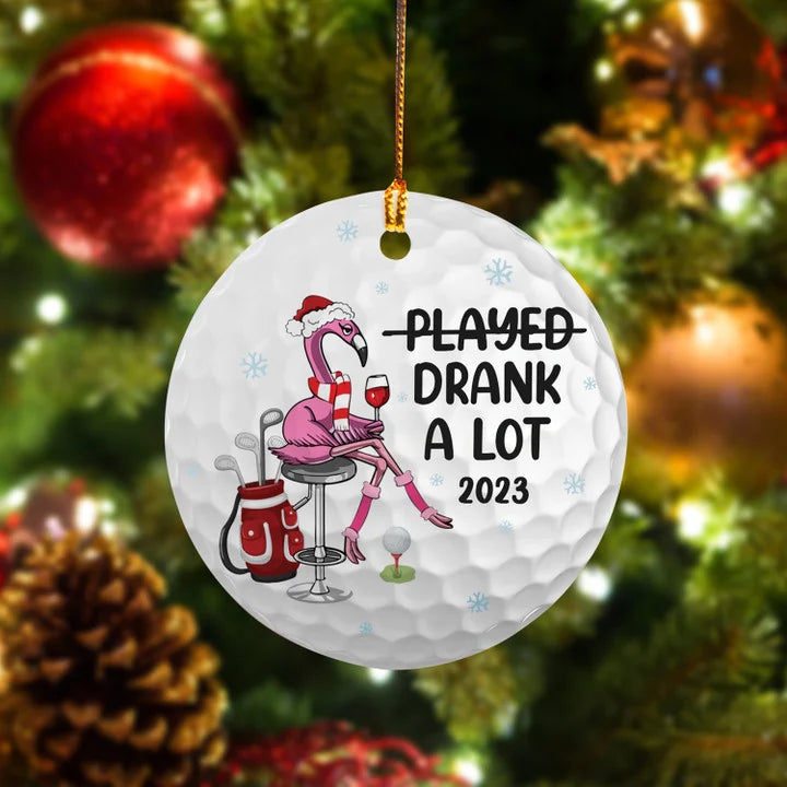 Flamingo Drank A Lot Wine 2023 Circle Ceramic Ornament, Christmas Golf Ceramic Ornament - Best Gift For Golf Lovers, Christmas