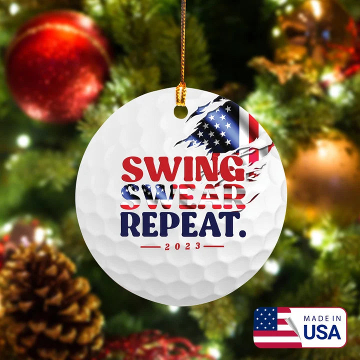 Golf American Flag Swing Swear Repeat Circle Ceramic Ornament, Christmas Golf Ceramic Ornament - Best Gift For Golf Lovers, New Year