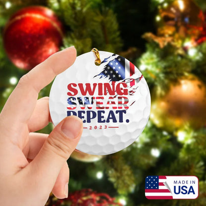 Golf American Flag Swing Swear Repeat Circle Ceramic Ornament, Christmas Golf Ceramic Ornament - Best Gift For Golf Lovers, New Year