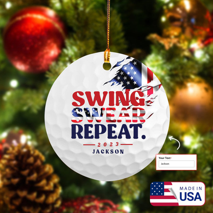 Personalized Name Swing Swear Repeat 2023 Circle Ceramic Ornament, Christmas Golf Ceramic Ornament - Best Gift For Golf Lovers, Christmas