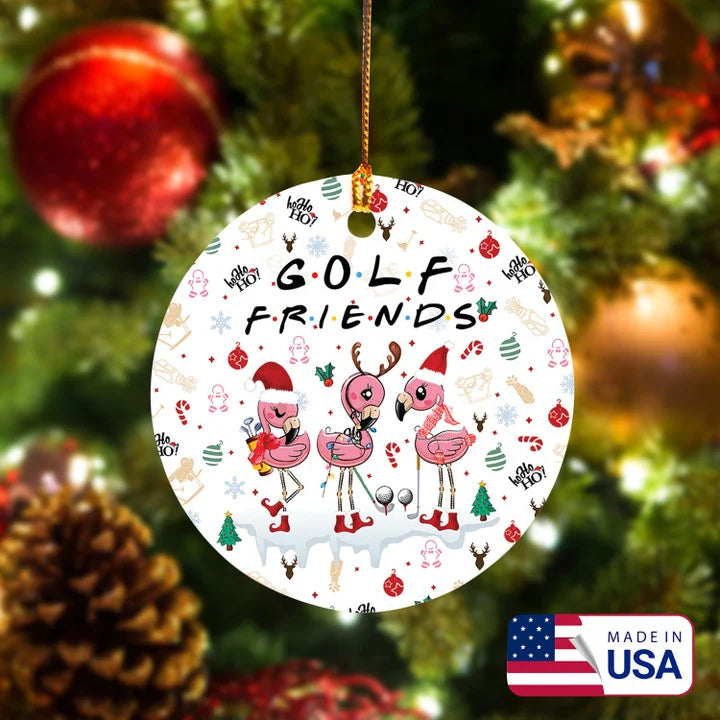 Flamingo Friends Golf Christmas Pattern Circle Ceramic Ornament, Christmas Golf Ceramic Ornament - Best Gift For Golf Lovers, New Year