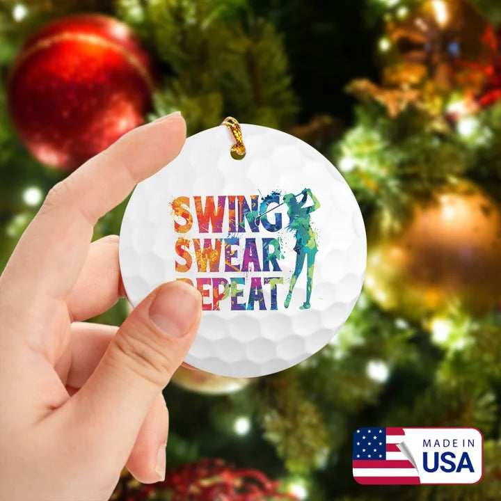 Watercolor Swing Swear Repeat Golf Ceramic Ornament - Best Gift For Golf Lovers, New Year, Christmas