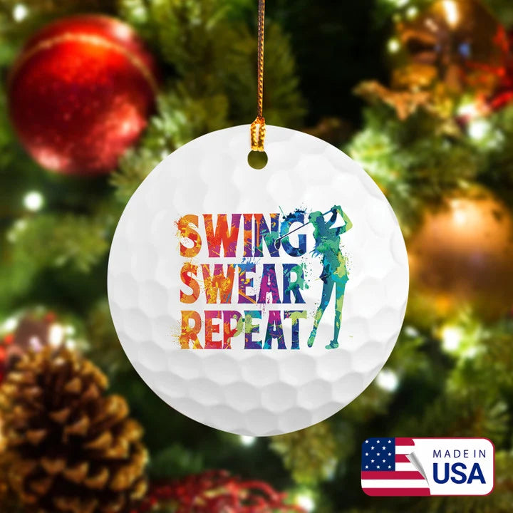 Watercolor Swing Swear Repeat Golf Ceramic Ornament - Best Gift For Golf Lovers, New Year, Christmas