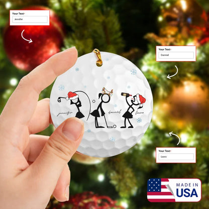 Customized Name Wine Women Stick Man Circle Ceramic Ornament, Women Player Golf Stick Ornament - Best Gift For Christmas, Decor Home