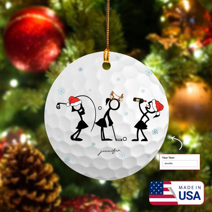 Custom 1 Name Wine Women Stick Man Circle Ceramic Ornament, Women Player Golf Stick Ornament - Best Gift For Christmas, Decor Home