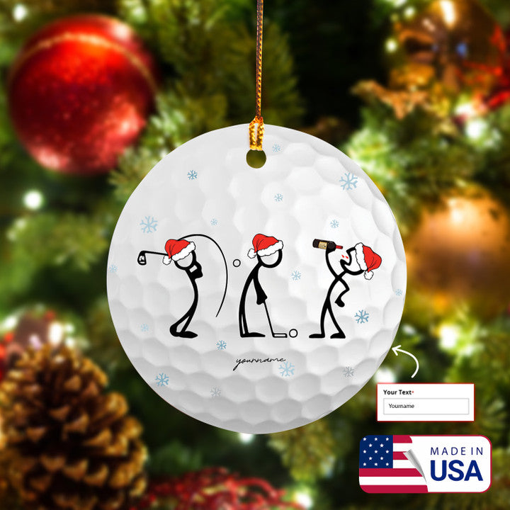 Customized 1 Name Santa Hat Men Wine Stick Man Circle Ceramic Ornament, Men Plays Golf Stick Ornament - Best Gift For Golf Lovers, Christmas