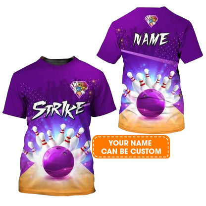 Customized Name Bowling T Shirt, Bowling Strike Pin And Purple Ball Personalized Bowling T Shirt For Men - Gift For Bowling Lovers