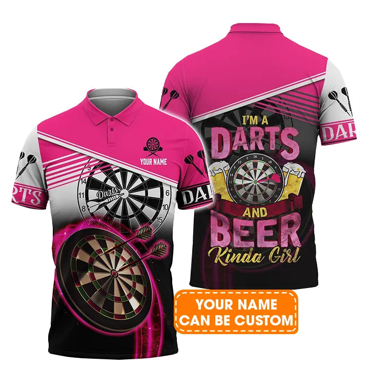 Darts Custom Name Men Polo Shirt, I'm A Darts And Beer Kinda Girl Personalized Pink Men Polo Shirt Gift For Darts Lovers, Friend, Team Player