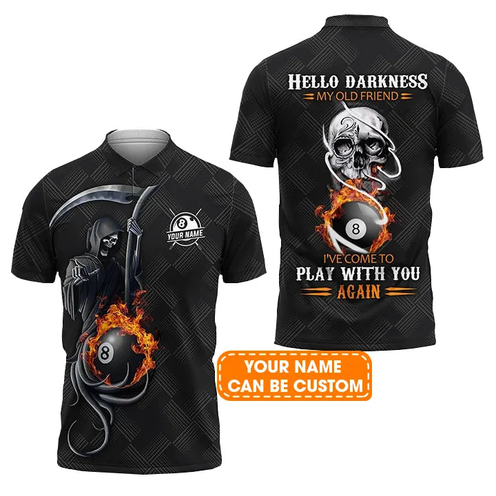 Custom Billiard Men Polo Shirt - Grim Reaper Billiard Pool 8 Ball Hello Darkness My Old Friend Personalized Name Polo Shirt Gift For Men,Billiard Lover