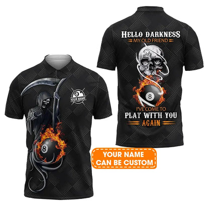 Custom Billiard Men Polo Shirt - Grim Reaper Billiard Pool 8 Ball Hello Darkness My Old Friend Personalized Name Polo Shirt Gift For Men,Billiard Lover