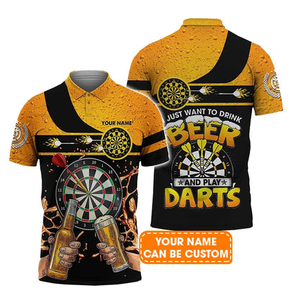 Personalised Darts Polo Shirts, Just Want To Drink Beer And Play Darts Custom Name Men Polo Shirts - Perfect Gift For Men, Darts Player, Dart Lovers