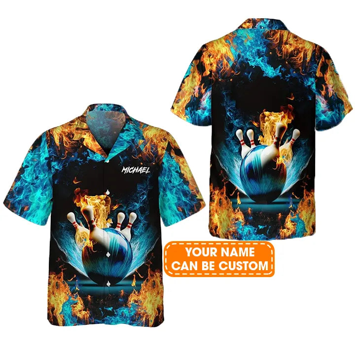 Bowling Hawaiian Shirt Custom Name - Blue Bowling Ball And Pins On Fire Personalized Aloha Hawaiian Shirt - Gift For Friend, Family, Bowling Lovers