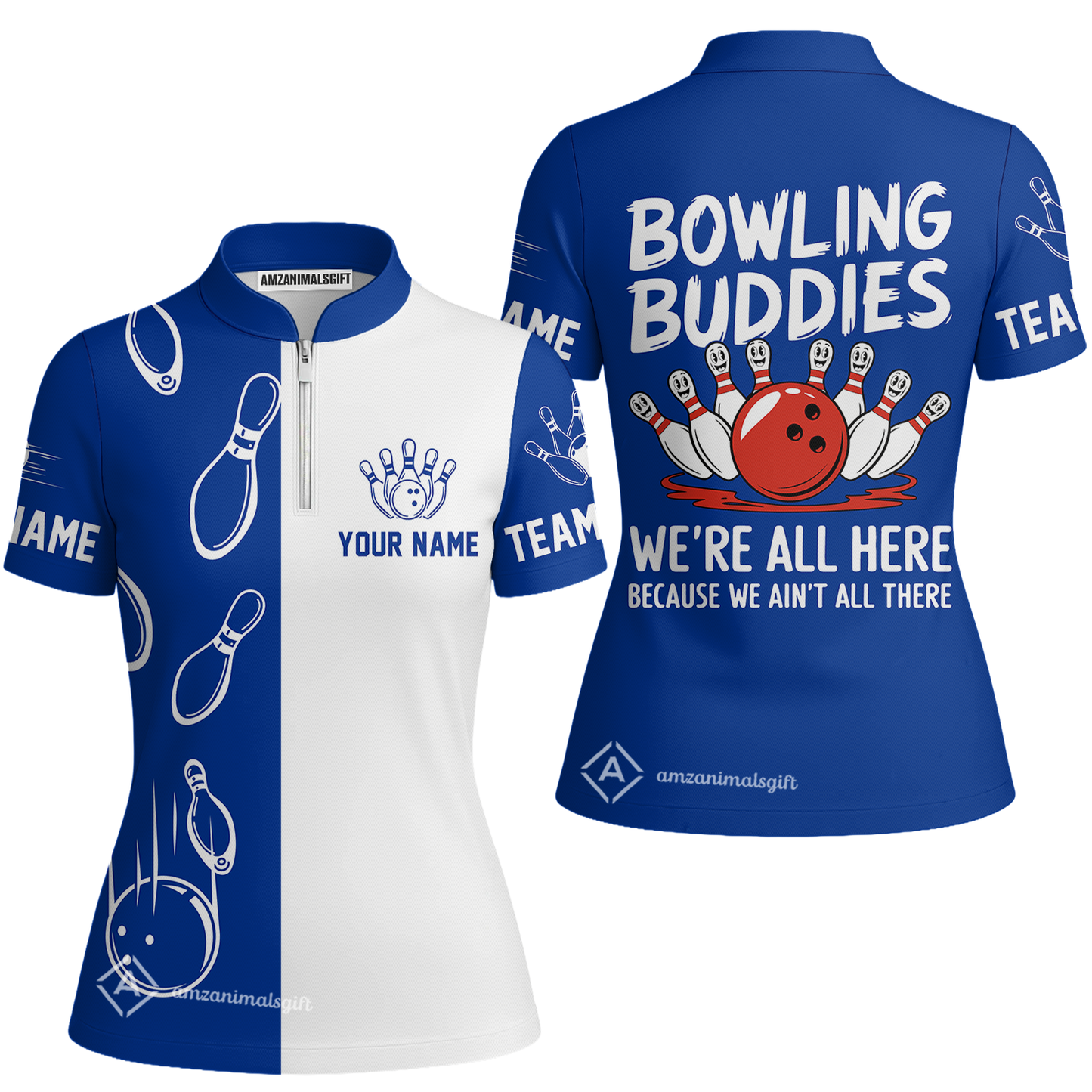 Customized Bowling Team Women's Jersey Shirt, Bowling Buddies We're All Here Because We Ain't All There Jersey