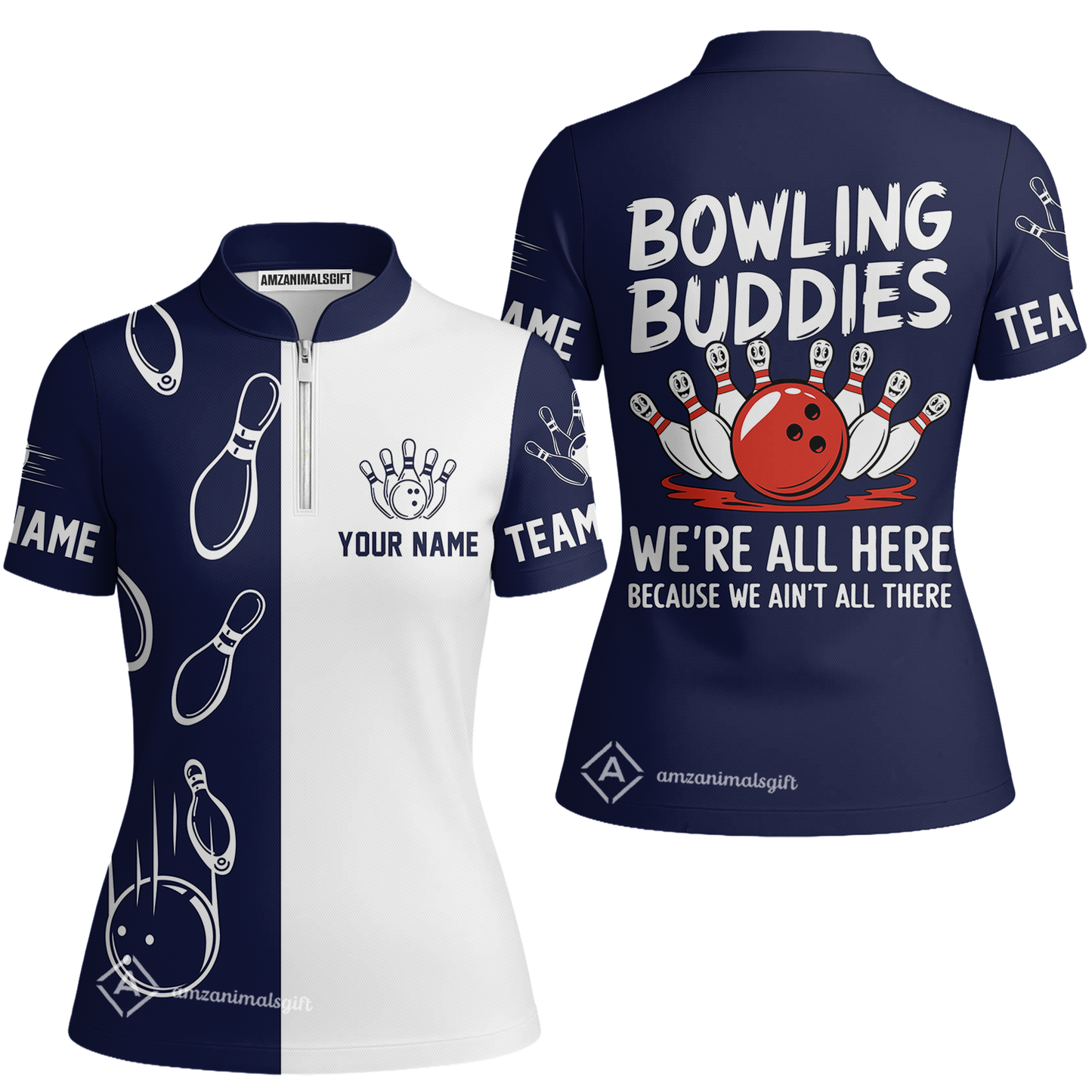 Customized Bowling Team Women's Jersey Shirt, Bowling Buddies We're All Here Because We Ain't All There Jersey