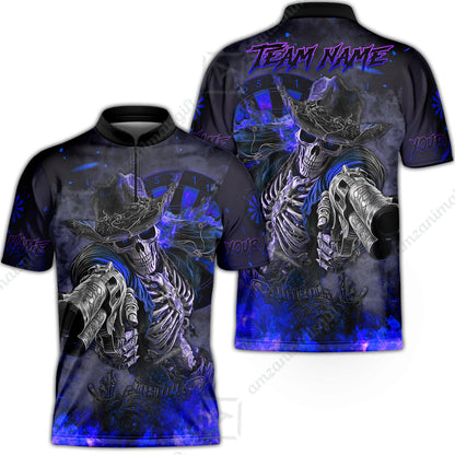 Customized Darts Team Uniform Shirt Darts Cowboy Skeleton Gunslinger Multicolor, Personalized Name Darts Shirt