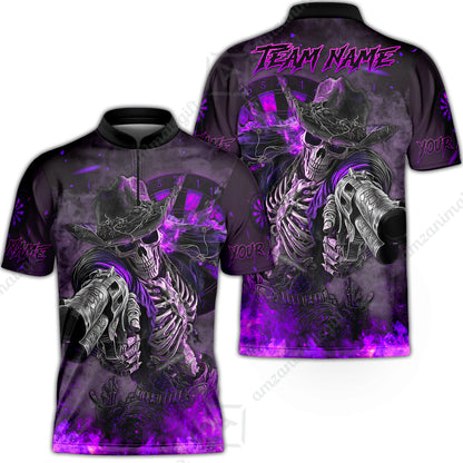 Customized Darts Team Uniform Shirt Darts Cowboy Skeleton Gunslinger Multicolor, Personalized Name Darts Shirt