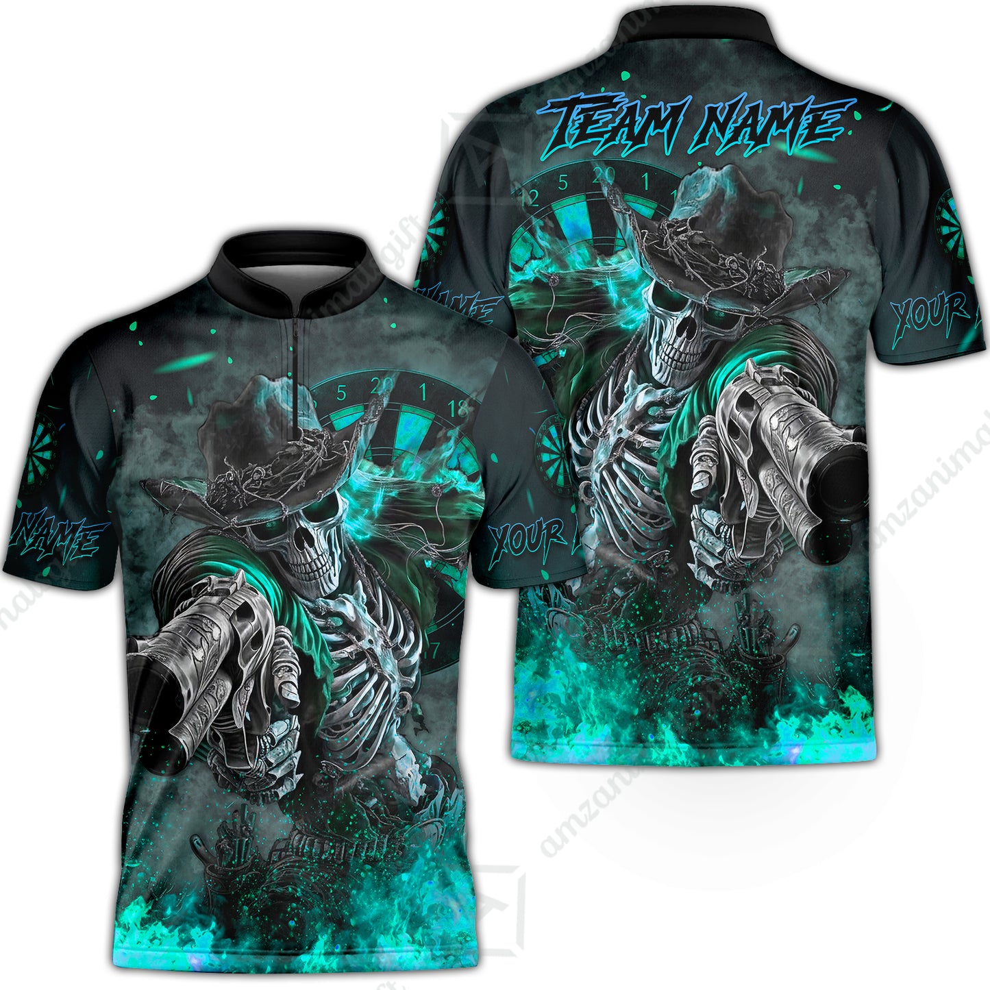 Customized Darts Team Uniform Shirt Darts Cowboy Skeleton Gunslinger Multicolor, Personalized Name Darts Shirt