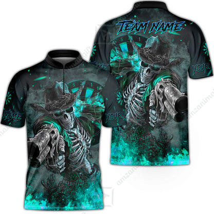 Customized Darts Team Uniform Shirt Darts Cowboy Skeleton Gunslinger Multicolor, Personalized Name Darts Shirt