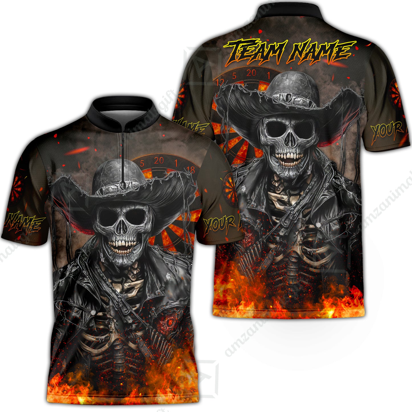 Customized Darts Team Uniform Shirt Darts Cowboy Skeleton Gunslinger Multicolor, Personalized Name Darts Shirt