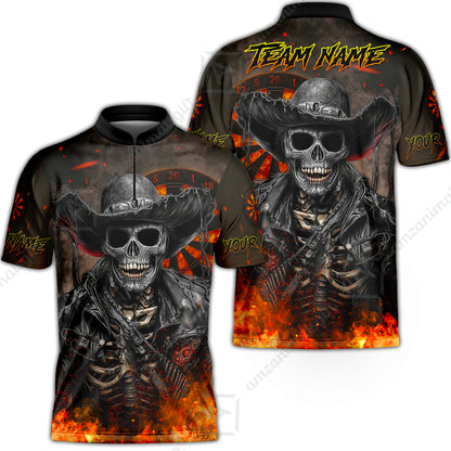 Customized Darts Team Uniform Shirt Darts Cowboy Skeleton Gunslinger Multicolor, Personalized Name Darts Shirt