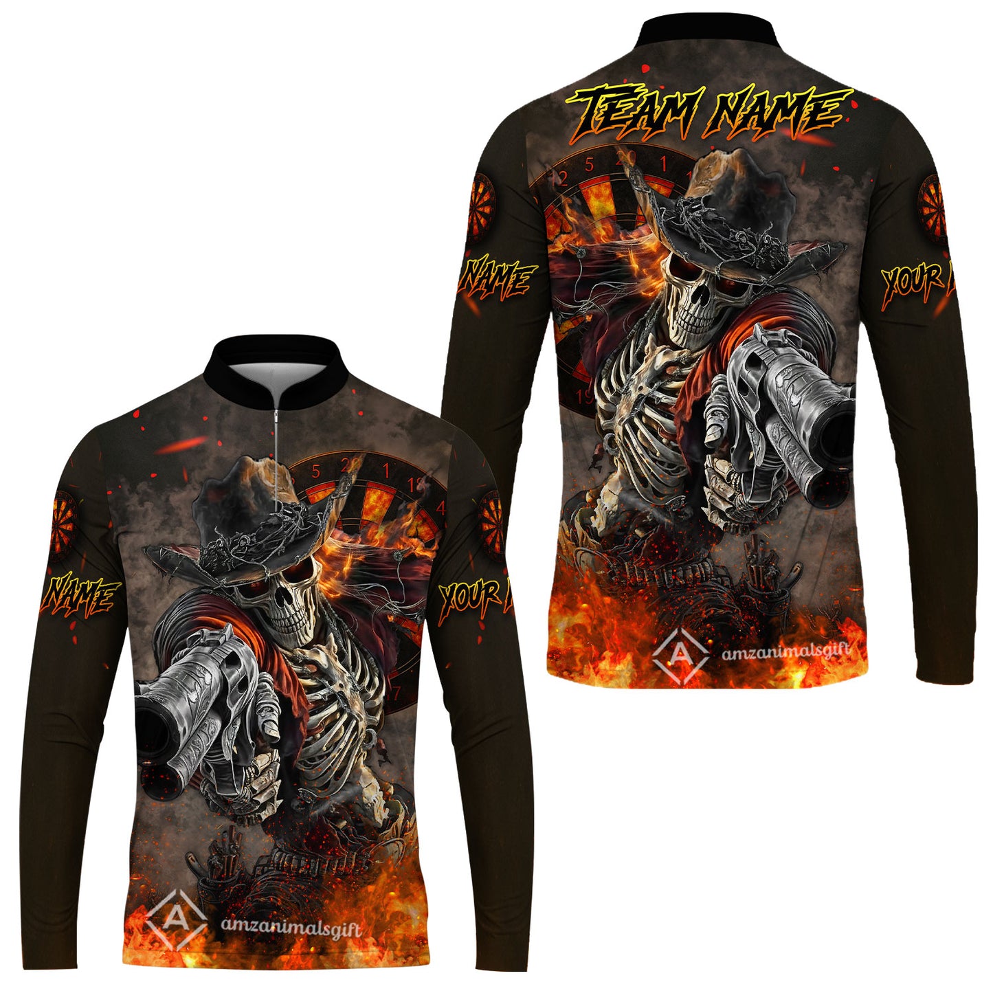 Customized Darts Team Uniform Shirt Darts Cowboy Skeleton Gunslinger Multicolor, Personalized Name Darts Shirt