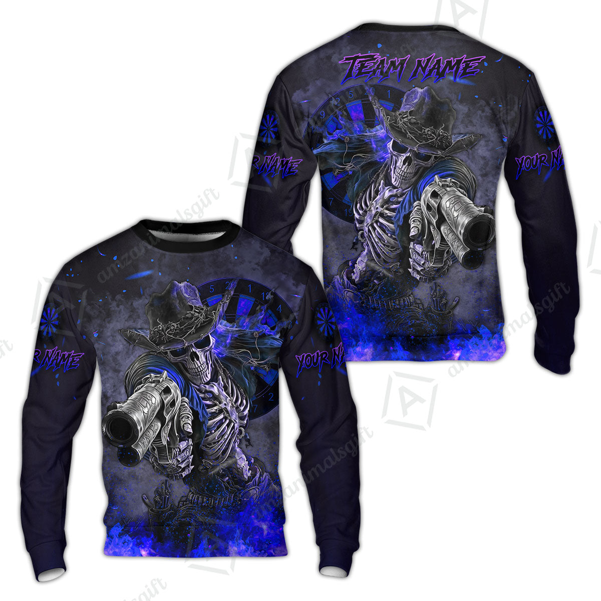 Customized Darts Team Uniform Shirt Darts Cowboy Skeleton Gunslinger Multicolor, Personalized Name Darts Shirt